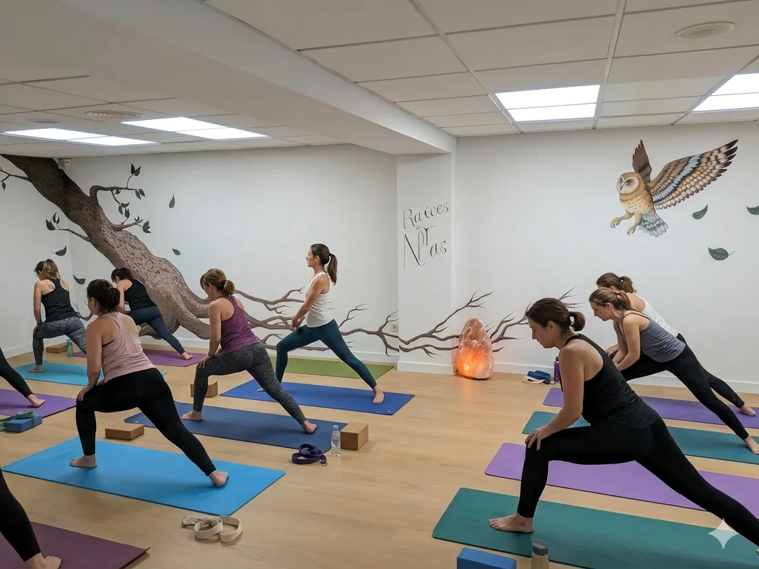 Clase de yoga en grupo en una de las salas de Escuela Alquimia del Ser en Gandia, con un mural de árbol y un búho en la pared