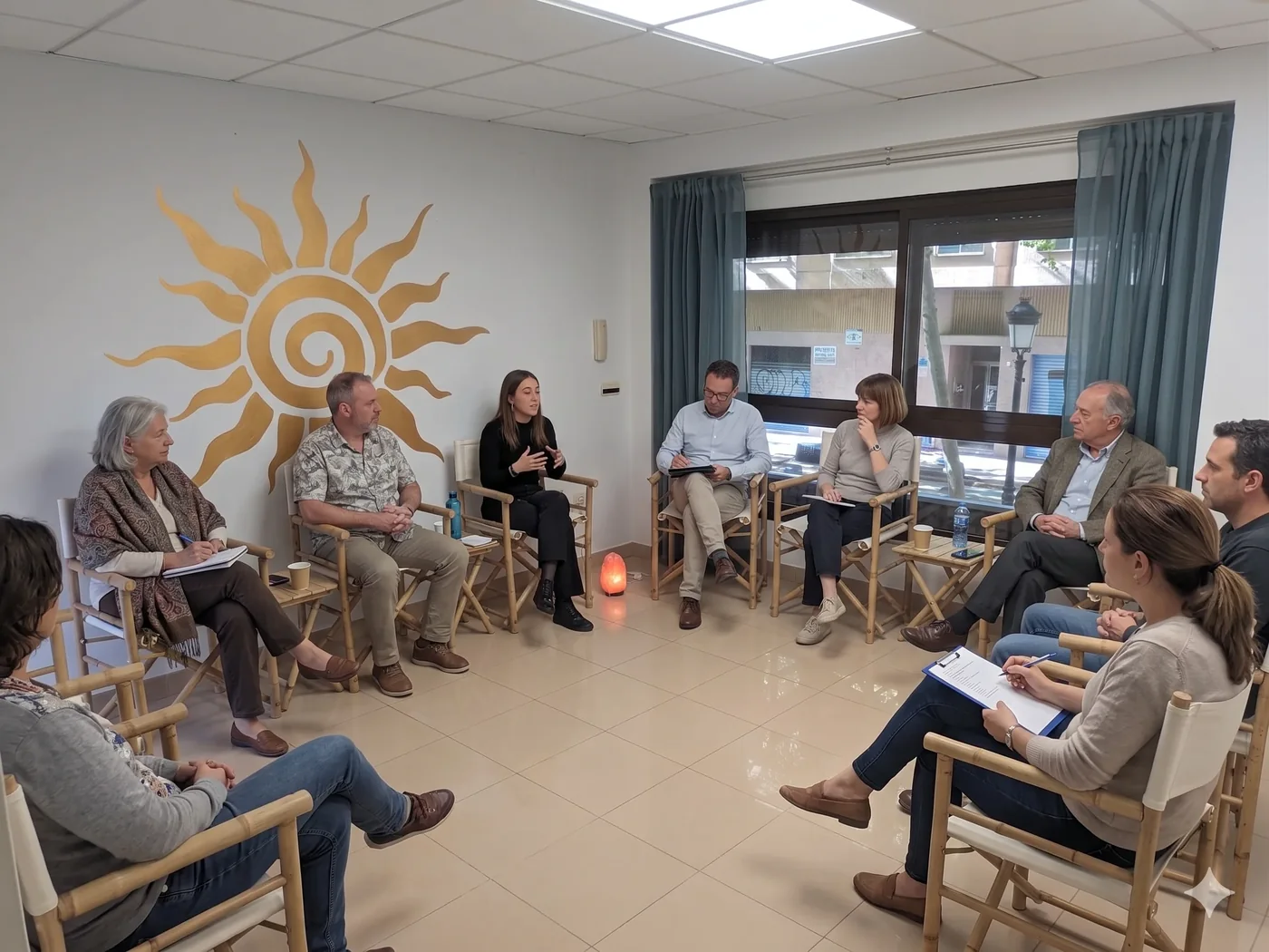 Sesión en círculo en la Sala Surya de Escuela Alquimia del Ser en Gandia, con un mural de sol en la pared