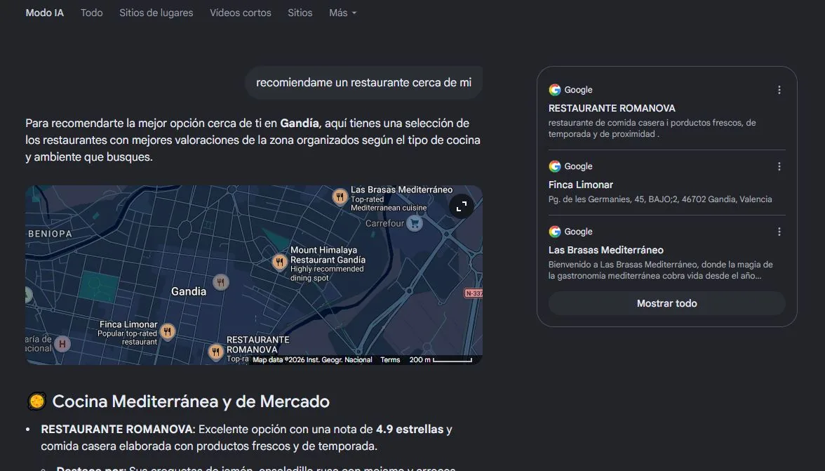 Respuesta conversacional del modo IA de Google recomendando restaurantes locales cerca del usuario, con un mapa de la zona