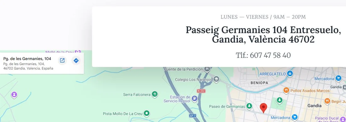 Página de contacto de la web con mapa de Google Maps integrado y la dirección Passeig Germanies 104, código postal 46702