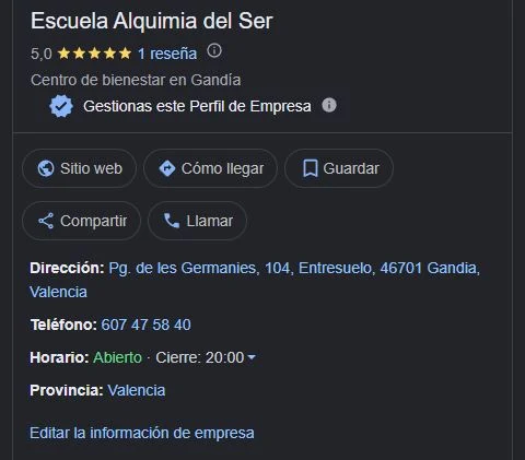 Ficha de Google Business Profile de Escuela Alquimia del Ser con la dirección Pg. de les Germanies 104, Entresuelo, 46701 Gandia
