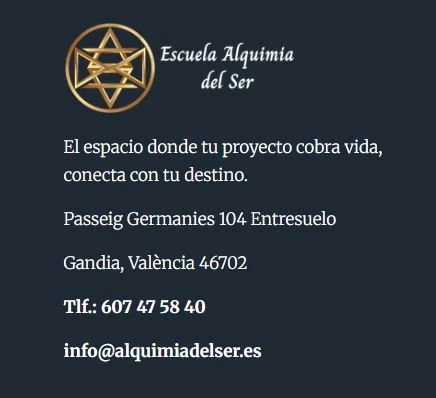 Pie de página de la web de Escuela Alquimia del Ser con la dirección Passeig Germanies 104 Entresuelo, Gandia, València 46702