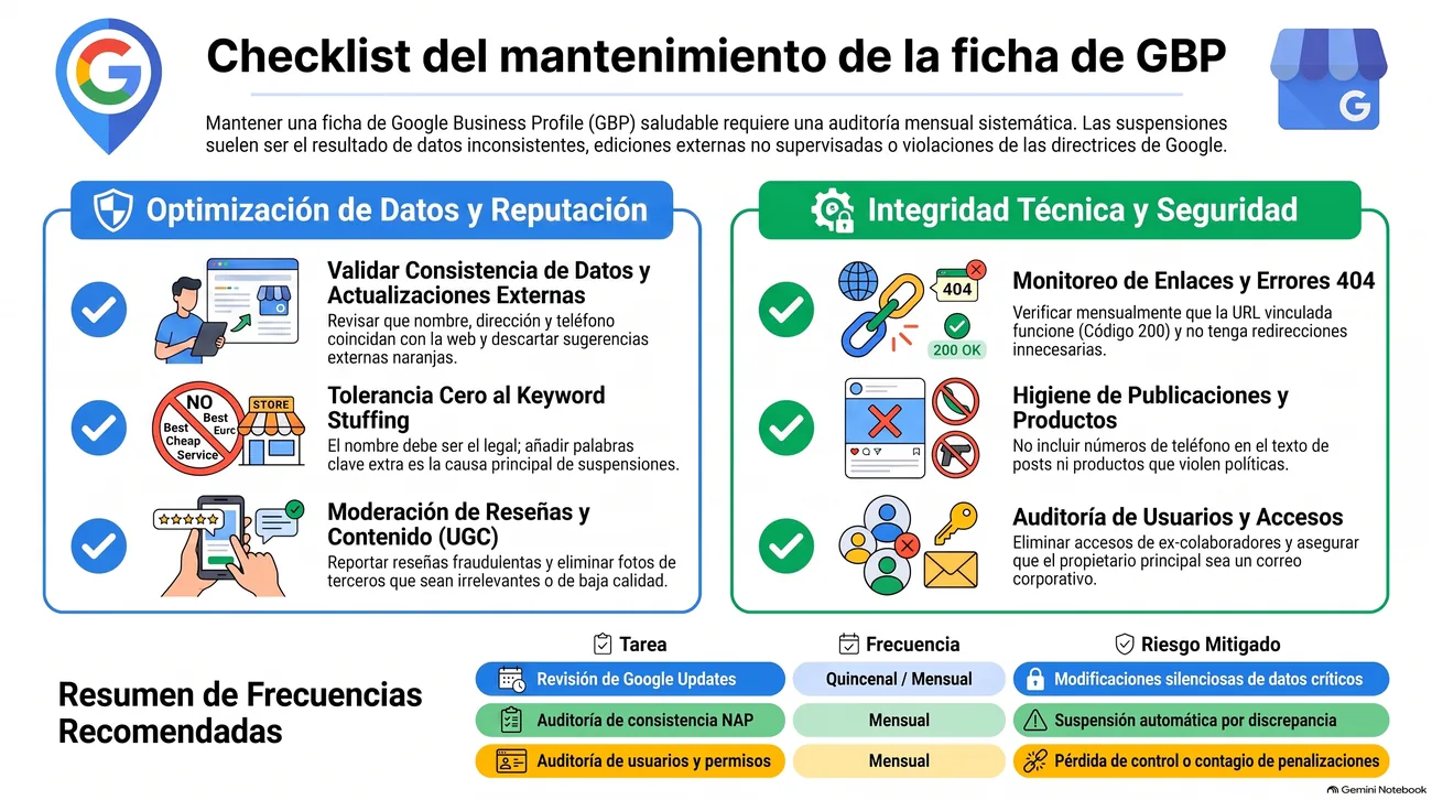 Checklist del mantenimiento de la ficha de Google Business Profile: optimización de datos y reputación, integridad técnica y seguridad, y frecuencias recomendadas