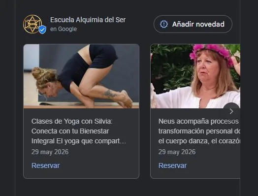 Publicaciones recientes en el Perfil de Empresa de Escuela Alquimia del Ser en Google, con novedades sobre clases de yoga y talleres
