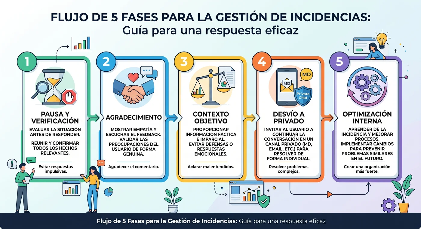Infografía del flujo de 5 fases para responder reseñas negativas: pausa y verificación, agradecimiento, contexto objetivo, desvío a privado y optimización interna